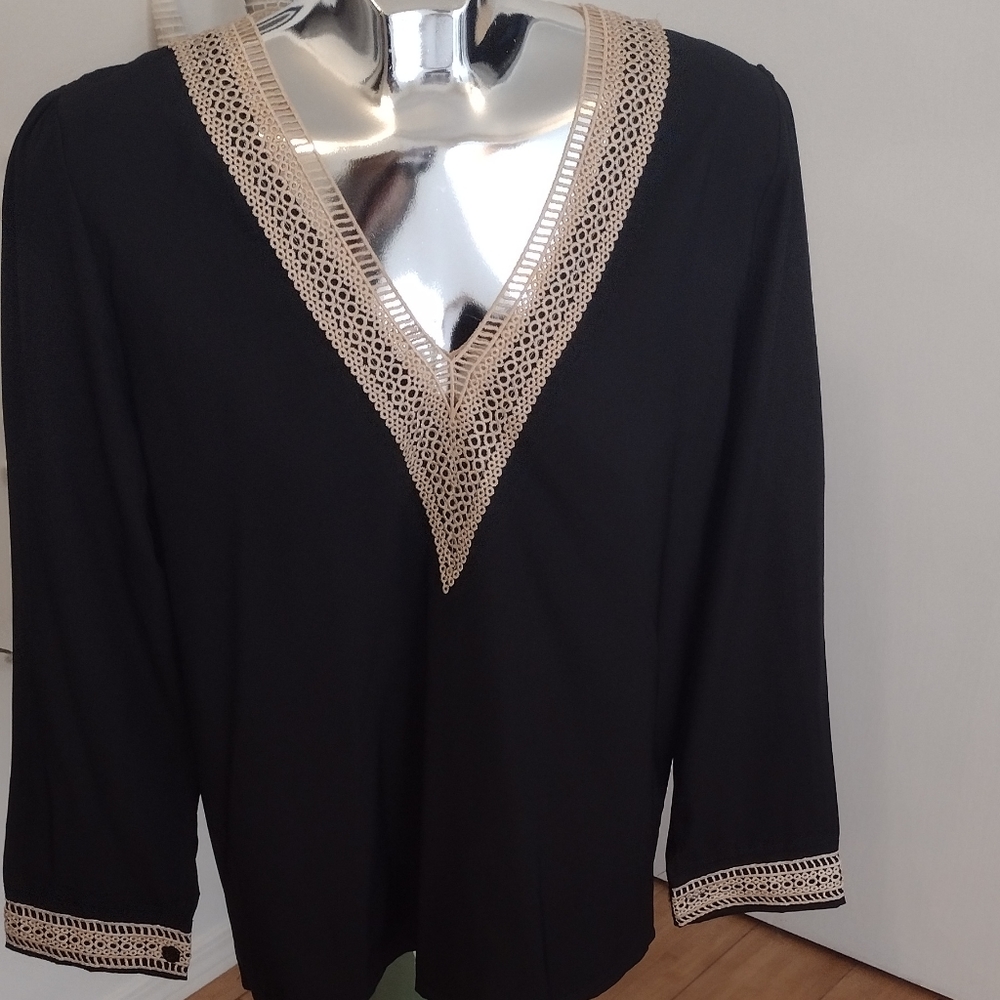 NEW Black V neck blouse with tan lace accent.ptp20"
